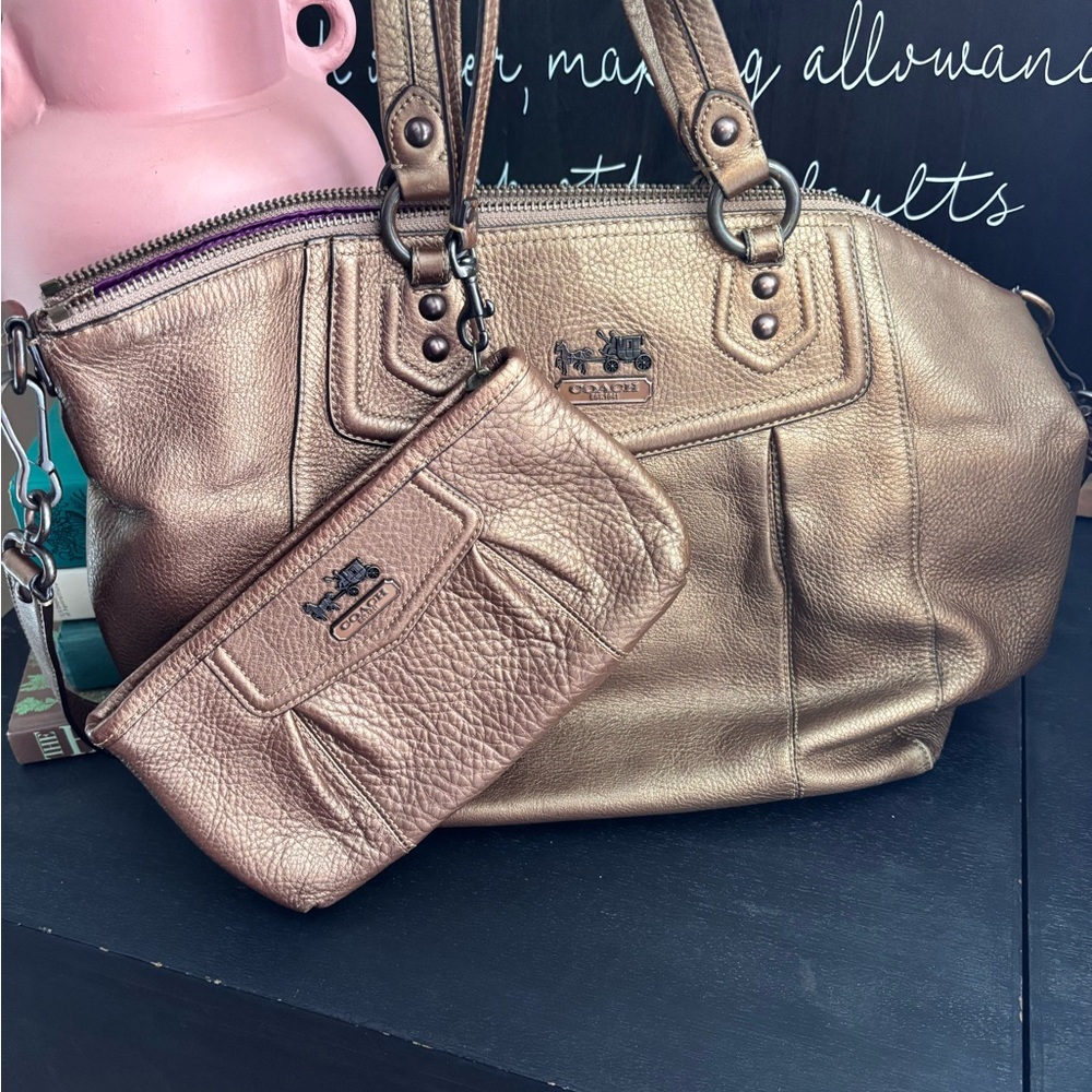 Coach Madison Claire metallic bronze pebbled leather satchel &matching wristlet